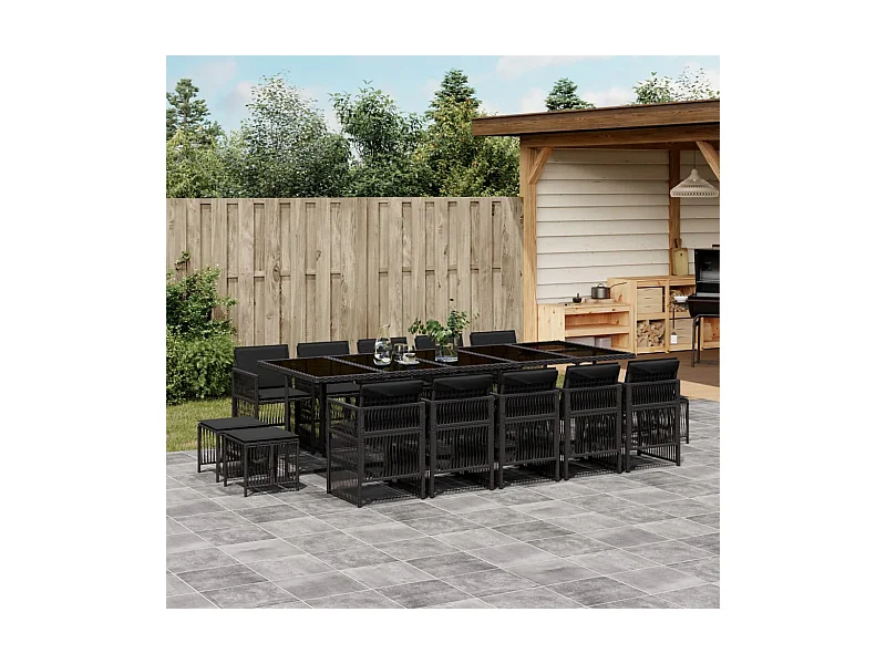 Set comedor de jardín con cojines 15 pzas ratán sintético negro