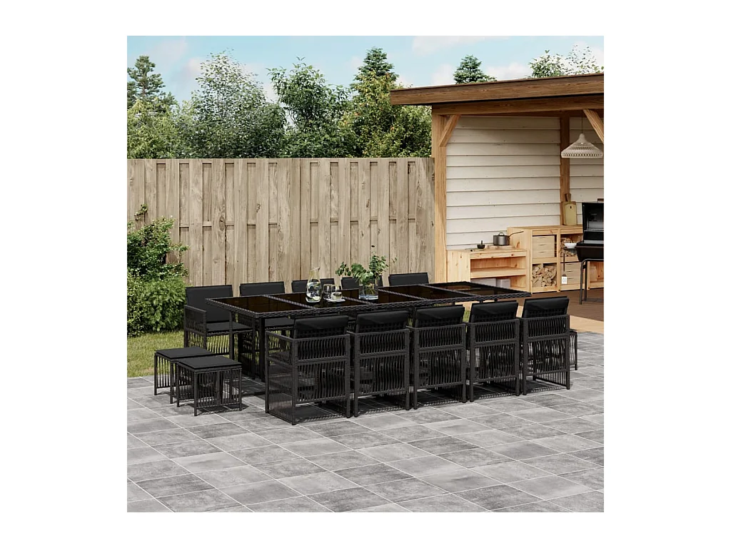 Set da Pranzo da Giardino 15 pz con Cuscini Nero in Polyrattan