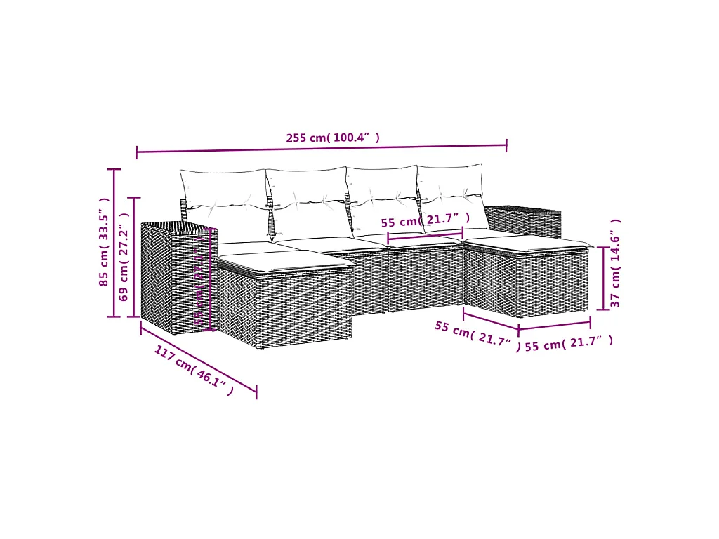 6-delige Loungeset met kussens poly rattan bruin