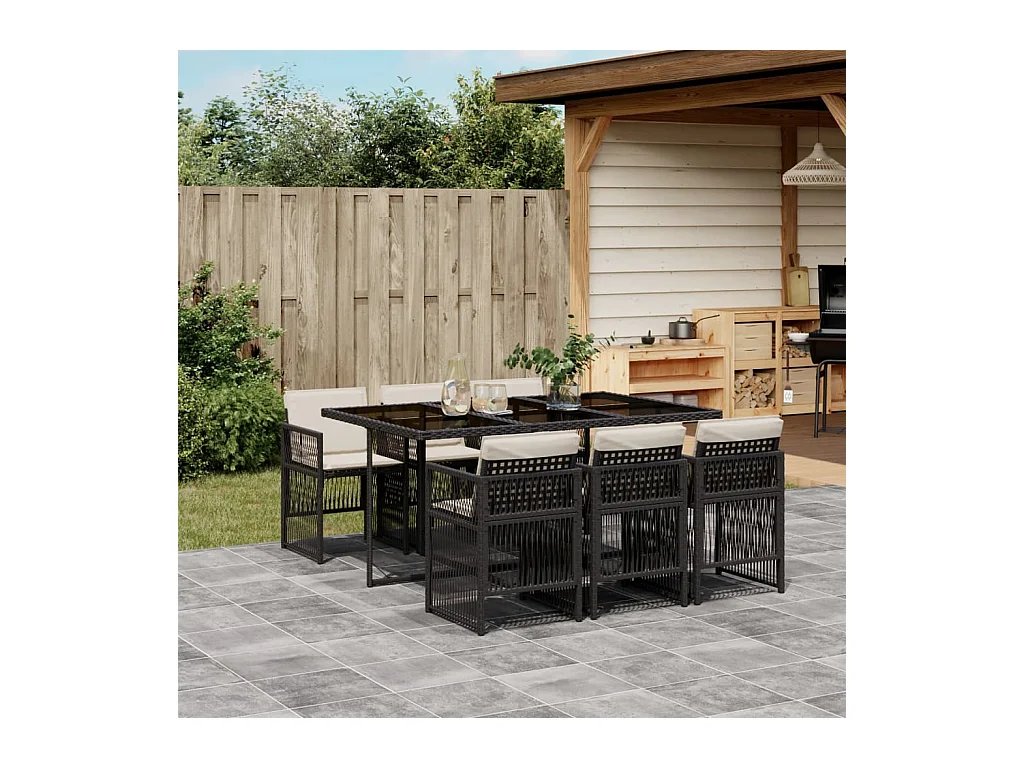 Ensemble à manger de jardin coussins 7pcs Noir Résine tressée