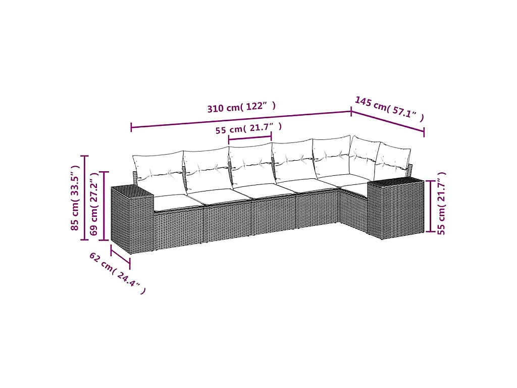 6-delige Loungeset met kussens poly rattan bruin
