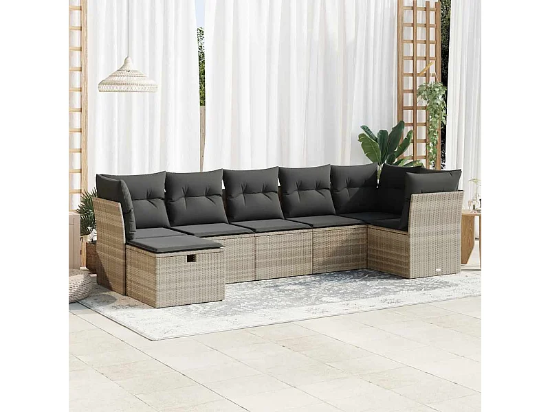 Salon de jardin avec coussins 7 pcs gris clair résine tressée