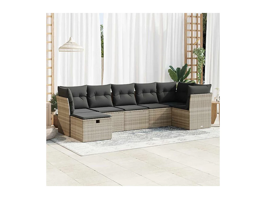 Salon de jardin avec coussins 7 pcs gris clair résine tressée