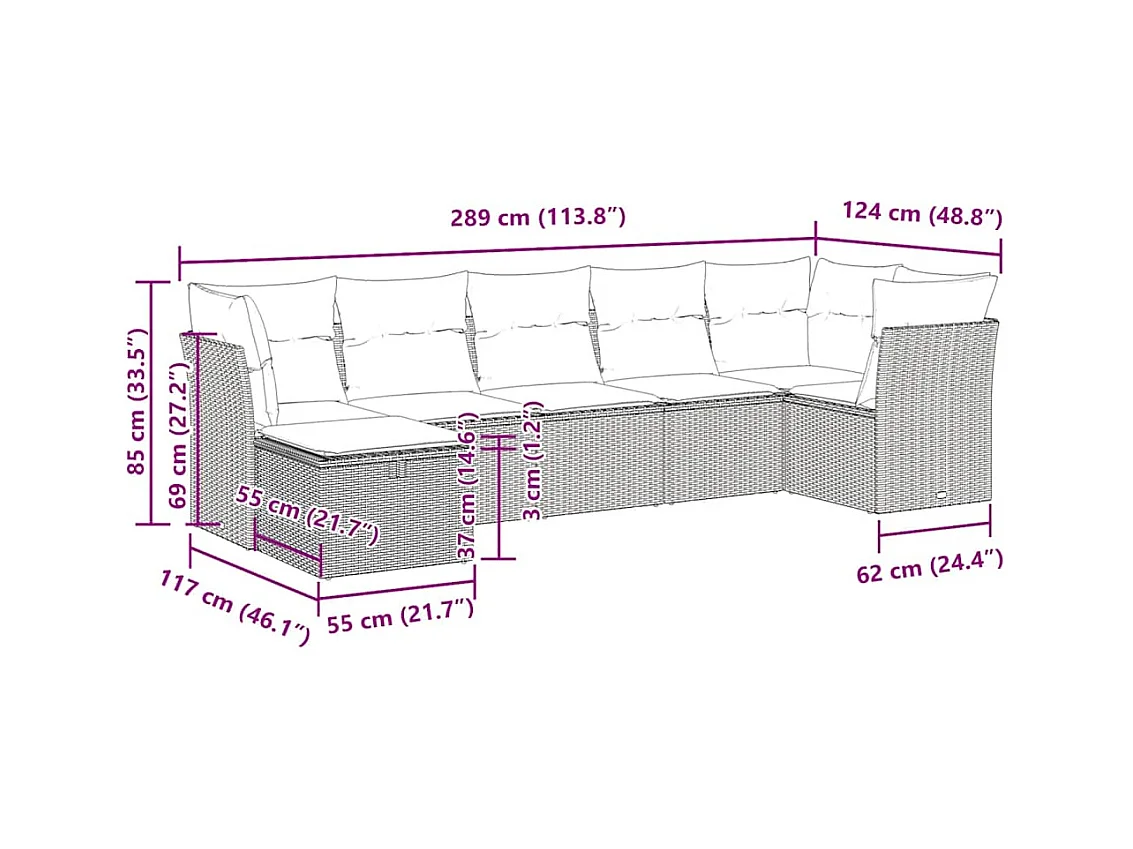 Salon de jardin avec coussins 7 pcs gris clair résine tressée