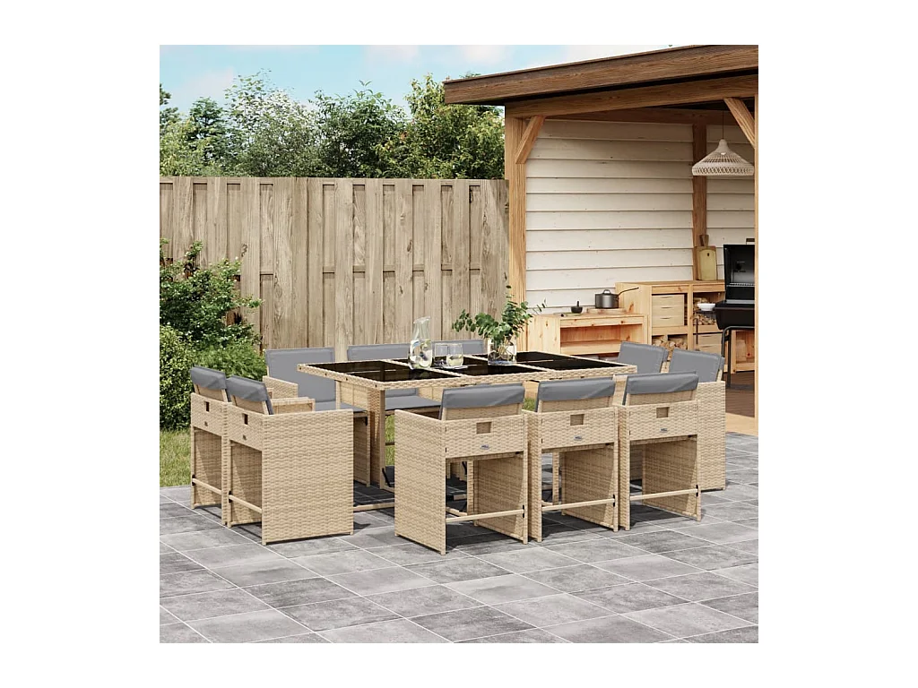 Ensemble à manger de jardin et coussins 11 pcs mélange beige
