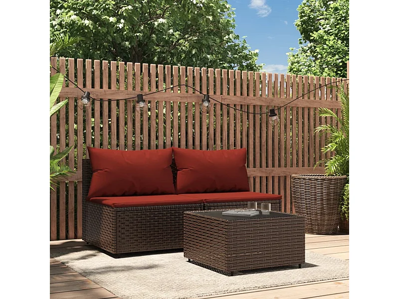 3-tlg. Garten-Lounge-Set mit Kissen Braun Poly Rattan