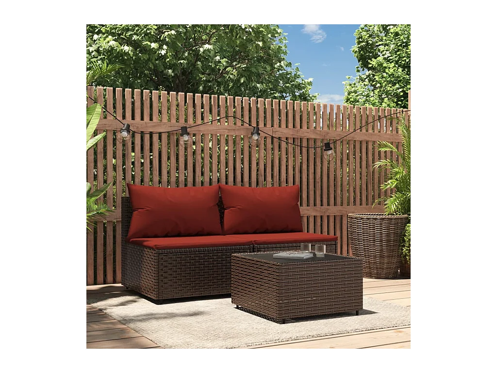 Salon de jardin 3 pcs avec coussins marron résine tressée