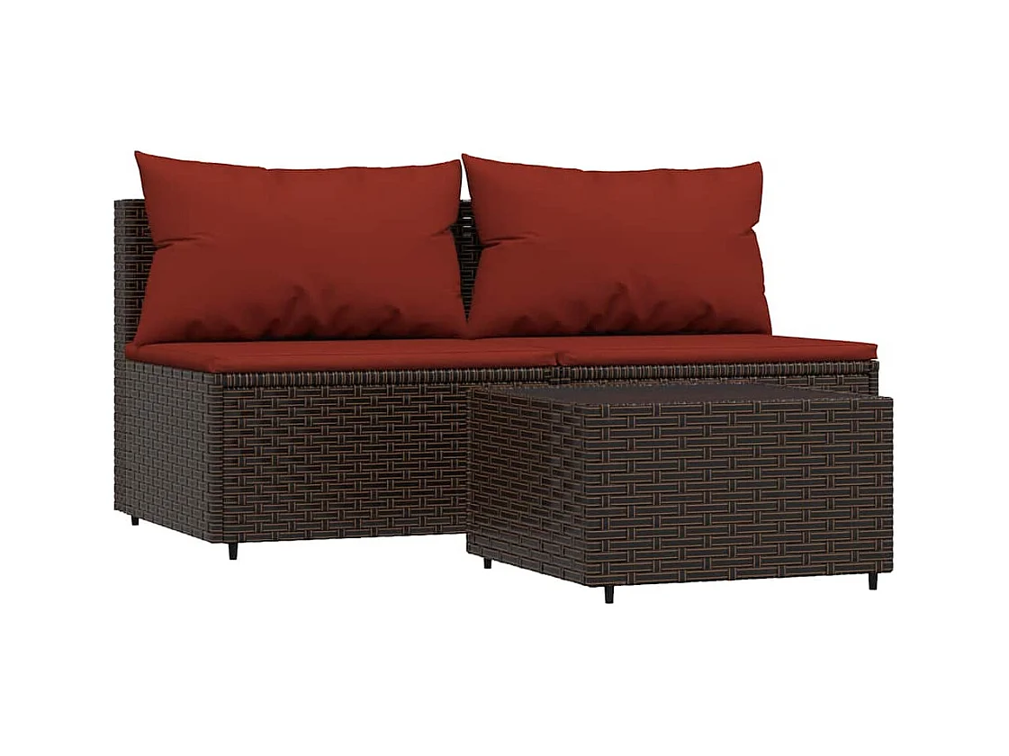 Salon de jardin 3 pcs avec coussins marron résine tressée