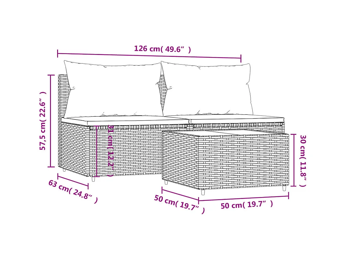 Salon de jardin 3 pcs avec coussins marron résine tressée