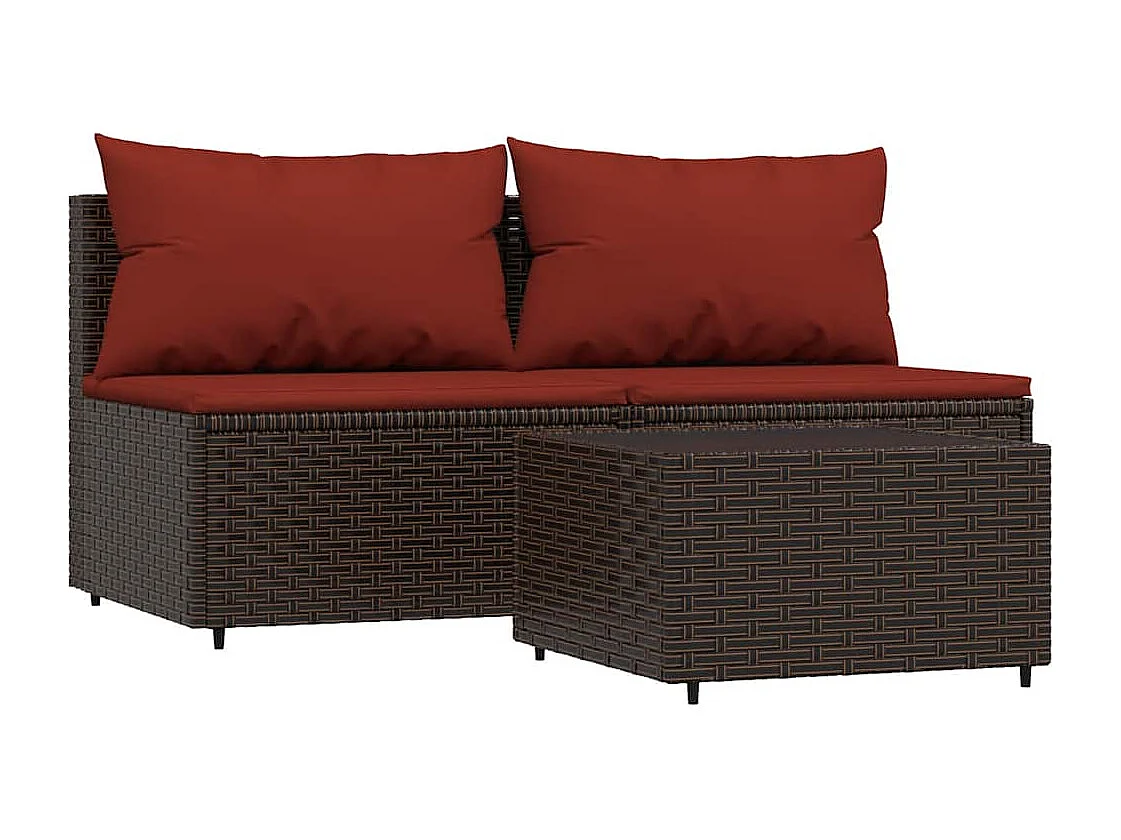 3-tlg. Garten-Lounge-Set mit Kissen Braun Poly Rattan