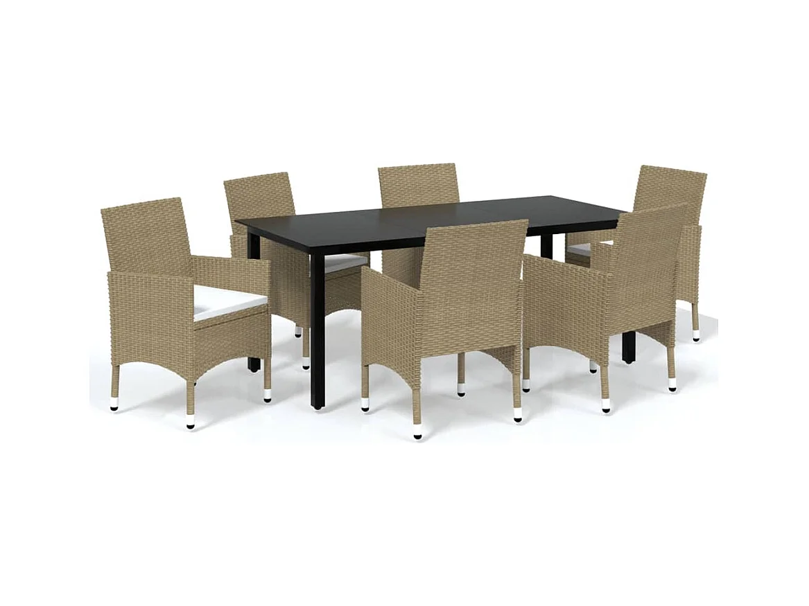 Ensemble à manger de jardin et coussins 7 pcs Poly rotin Beige