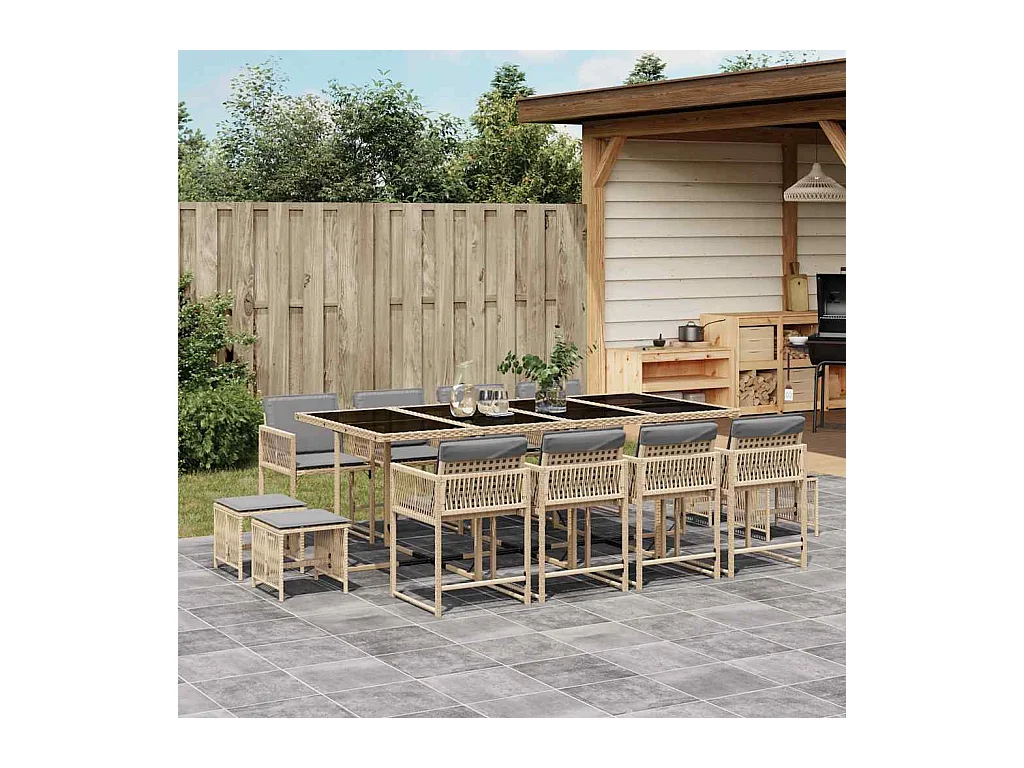 Ensemble à manger de jardin coussins 13 pcs mélange beige rotin