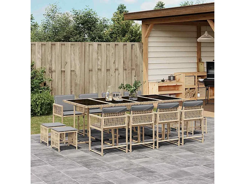 Set Pranzo da Giardino 13 pz con Cuscini Beige Misto Polyrattan