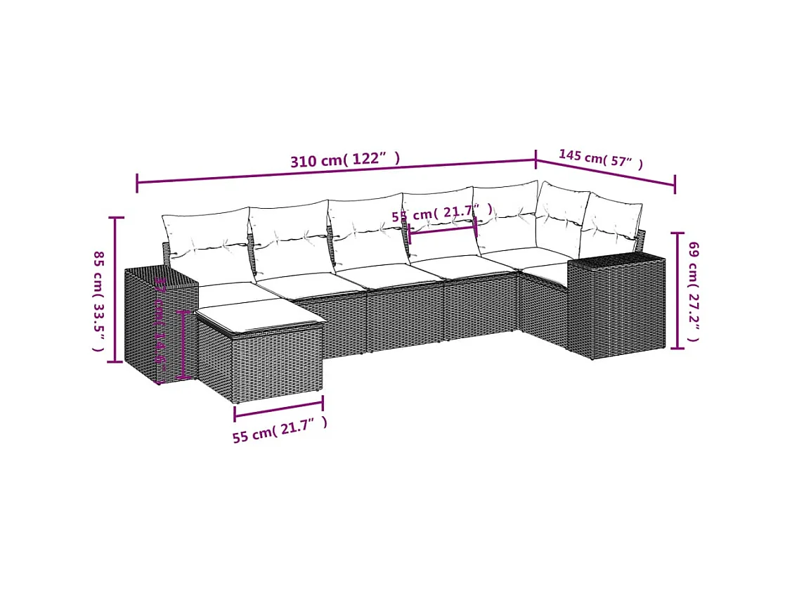 Salon de jardin avec coussins 7 pcs marron résine tressée