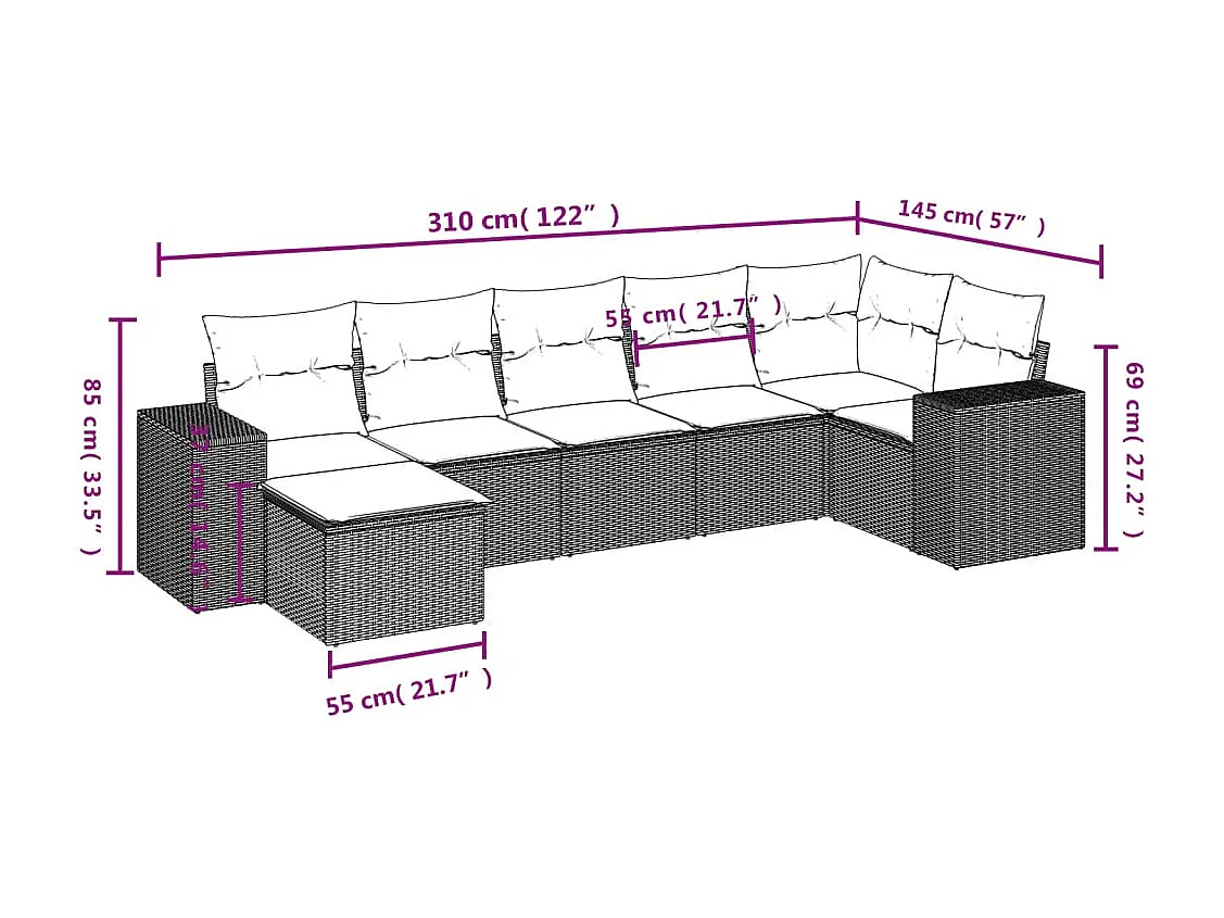 Salon de jardin avec coussins 7 pcs marron résine tressée