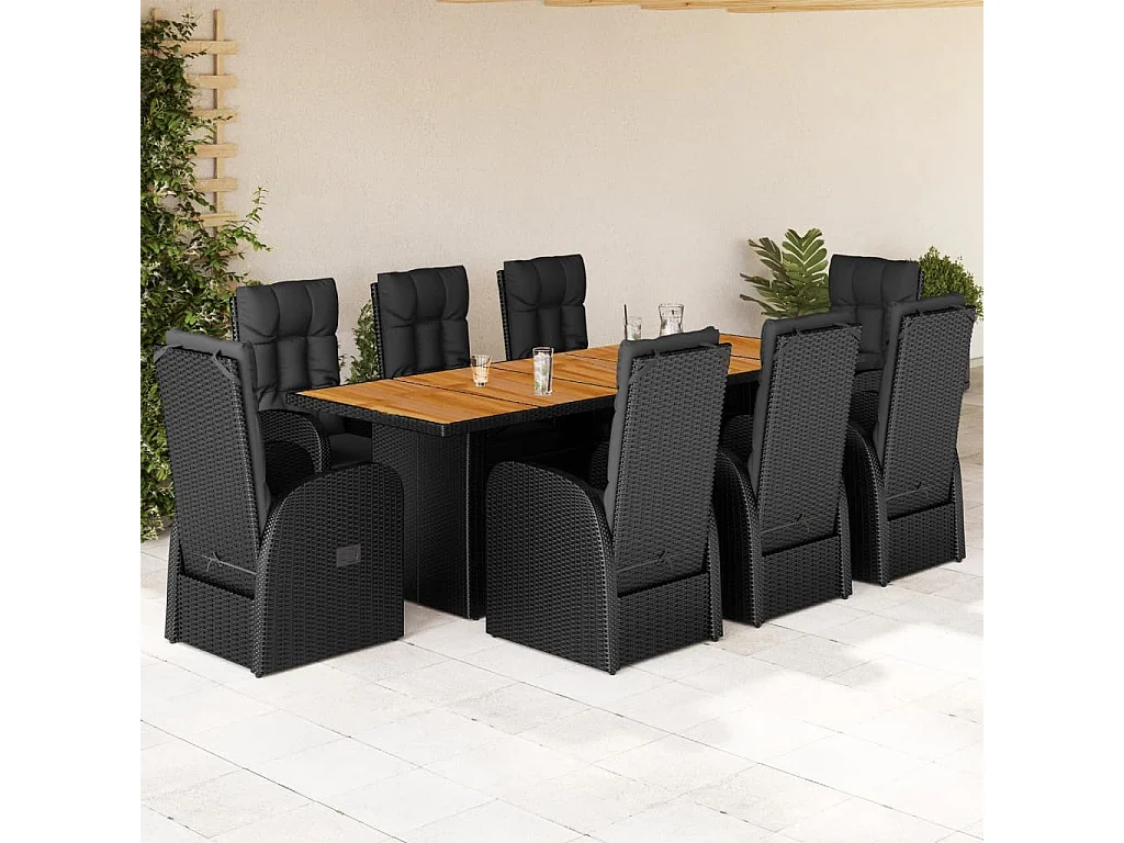 Ensemble à manger de jardin 9pcs coussins noir résine tressée