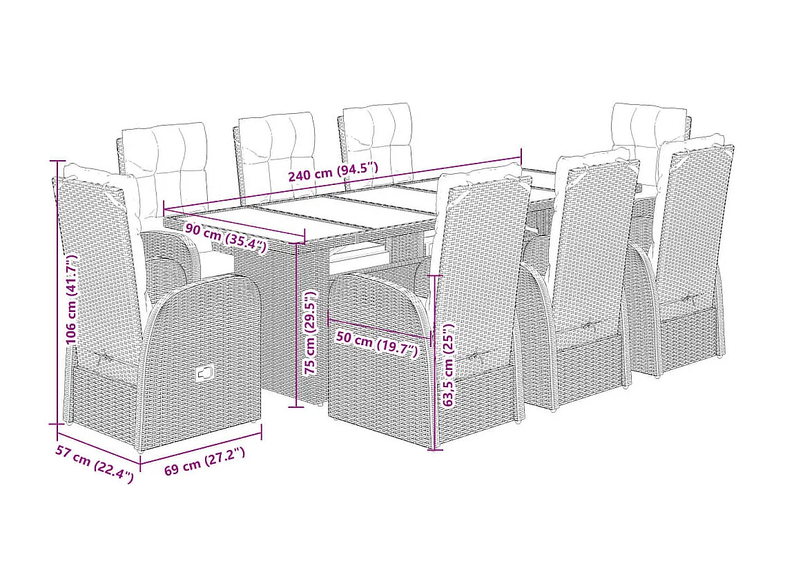 Ensemble à manger de jardin 9pcs coussins noir résine tressée