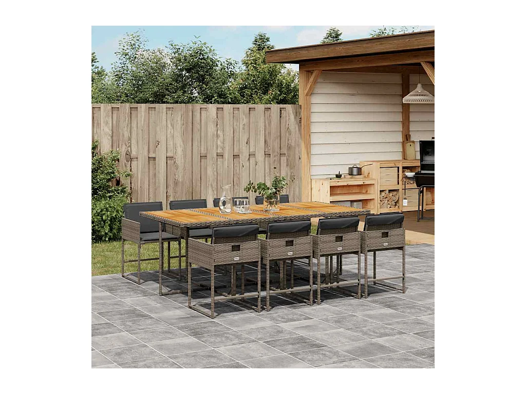 Ensemble à manger de jardin 9 pcs coussins gris résine tressée