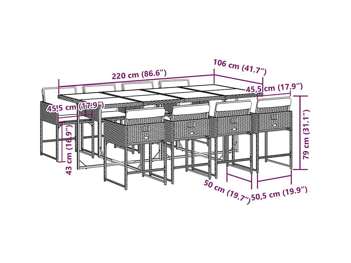 Ensemble à manger de jardin 9 pcs coussins gris résine tressée