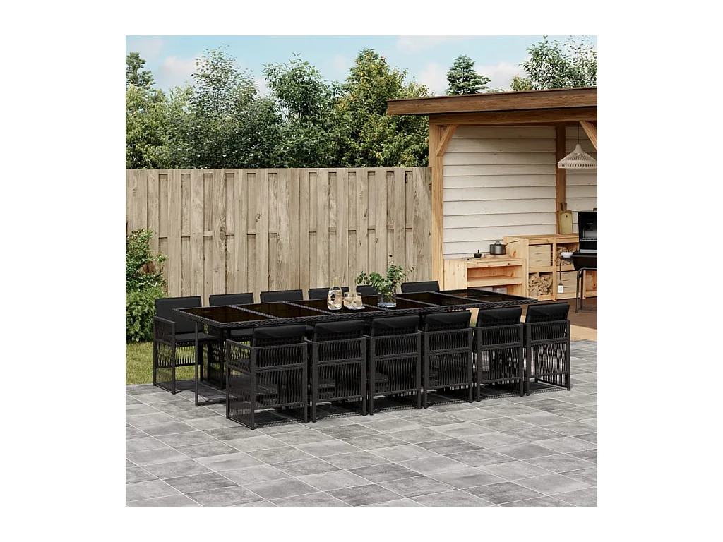 Ensemble à manger de jardin 13 pcs coussins noir résine tressée