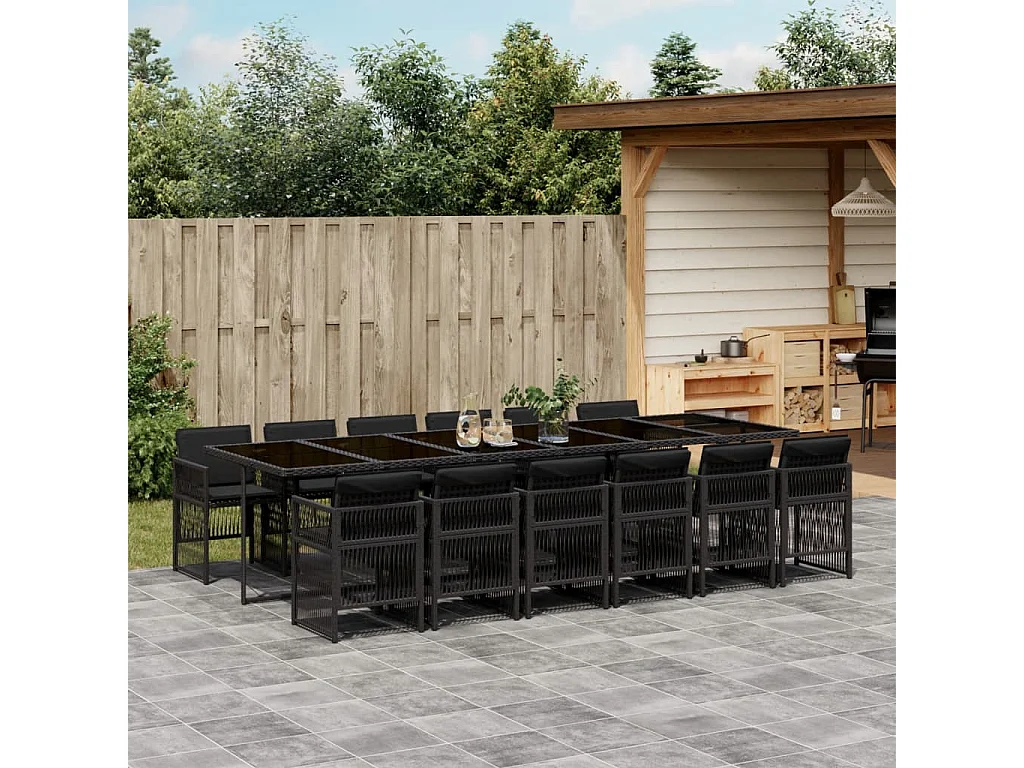 Ensemble à manger de jardin 13 pcs coussins noir résine tressée
