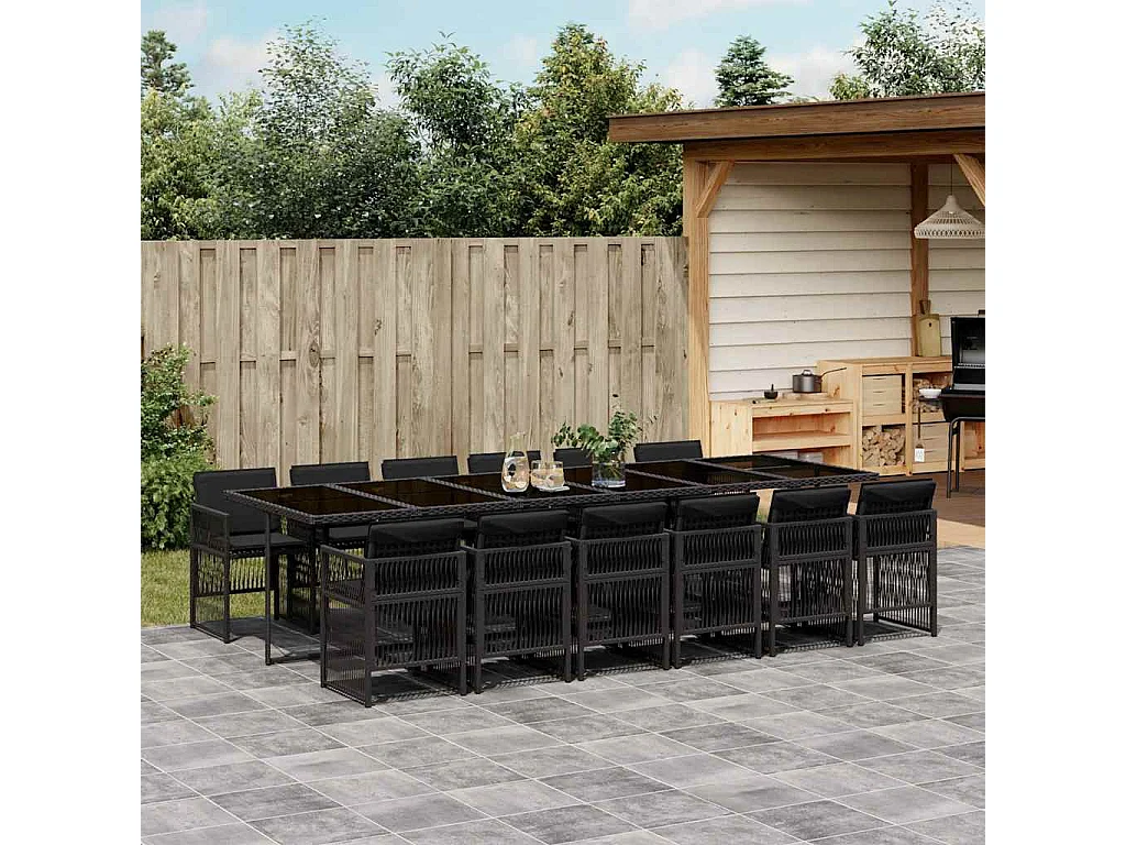 Set comedor de jardín con cojines 13 pzas ratán sintético negro