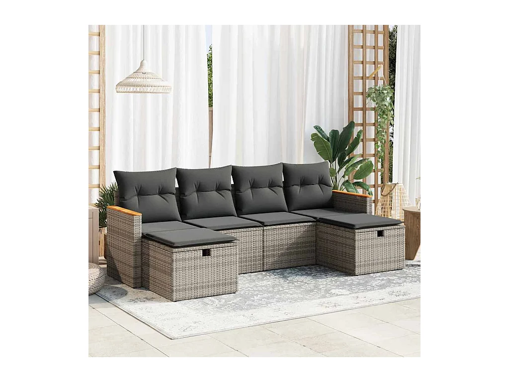 6-delige Loungeset met kussens poly rattan grijs