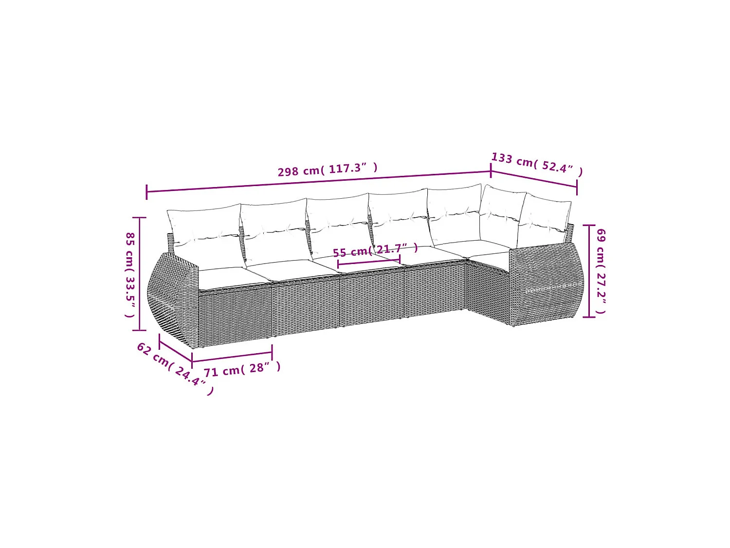 Salon de jardin avec coussins 6 pcs marron résine tressée