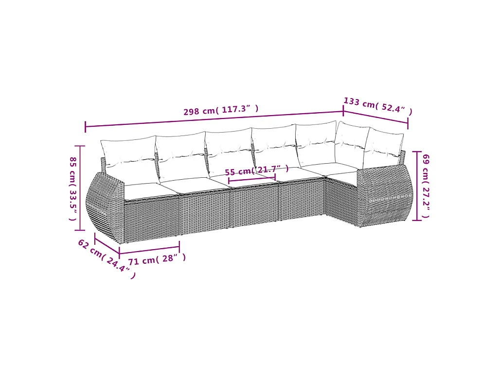 6-delige Loungeset met kussens poly rattan bruin