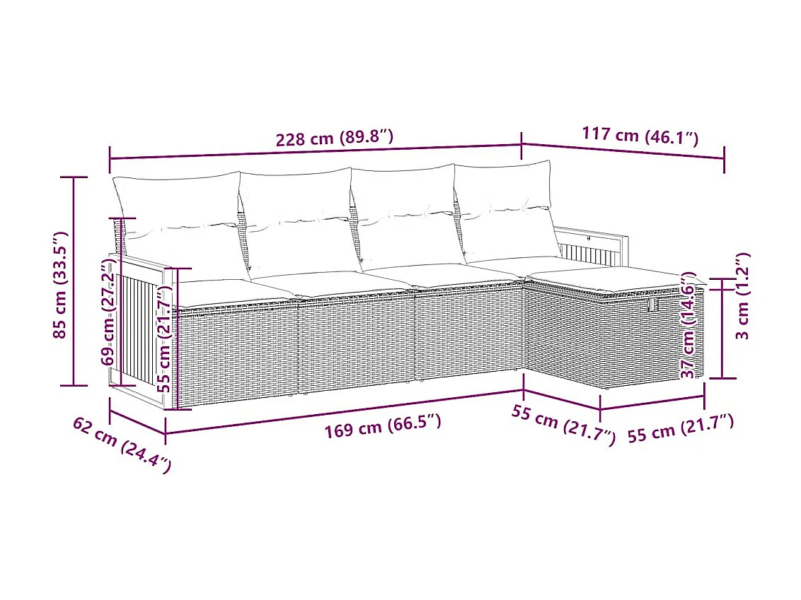 5 pcs conjunto sofás de jardim c/ almofadões vime PE cinzento