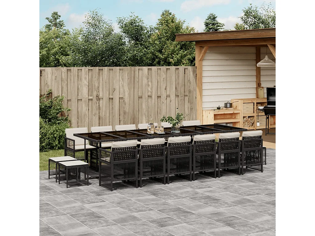 17-tlg. Garten-Essgruppe mit Kissen Schwarz Poly Rattan