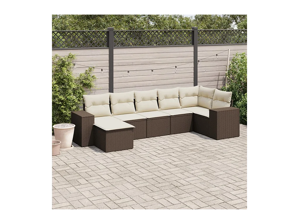 7-tlg. Garten-Sofagarnitur mit Kissen Braun Poly Rattan