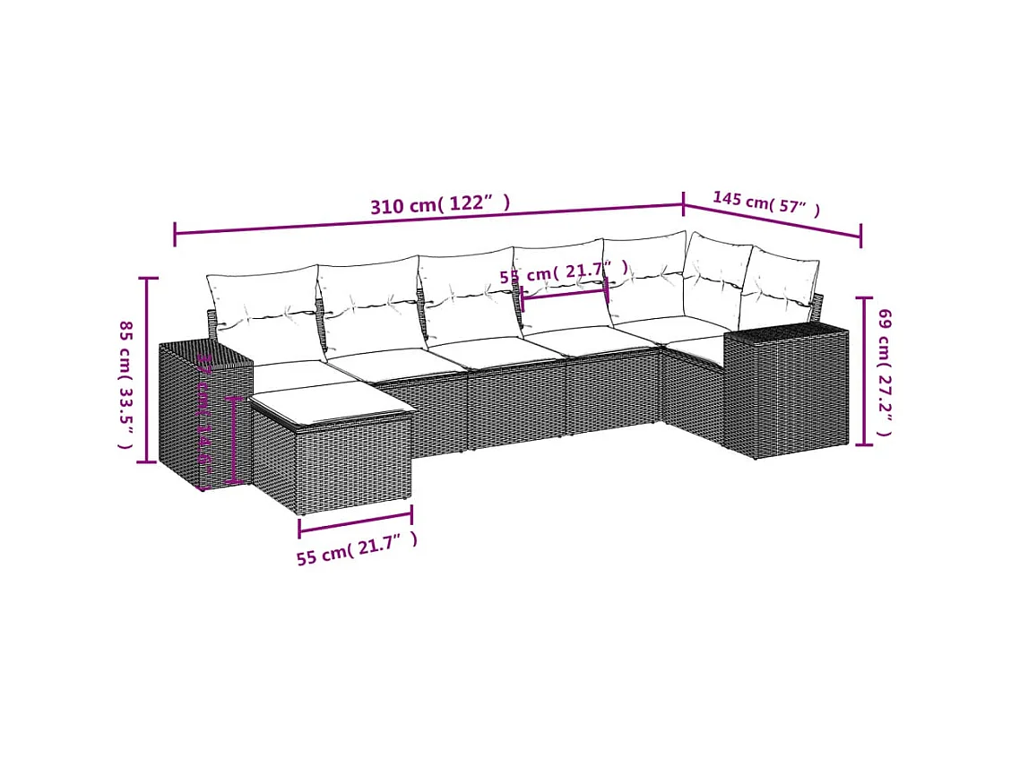 7-tlg. Garten-Sofagarnitur mit Kissen Braun Poly Rattan