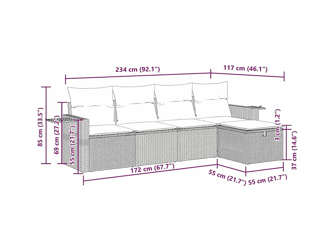 5-tlg. Garten-Sofagarnitur mit Kissen Braun Poly Rattan