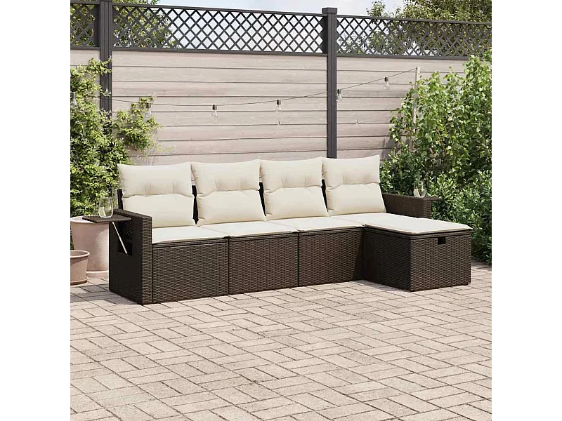 5-tlg. Garten-Sofagarnitur mit Kissen Braun Poly Rattan