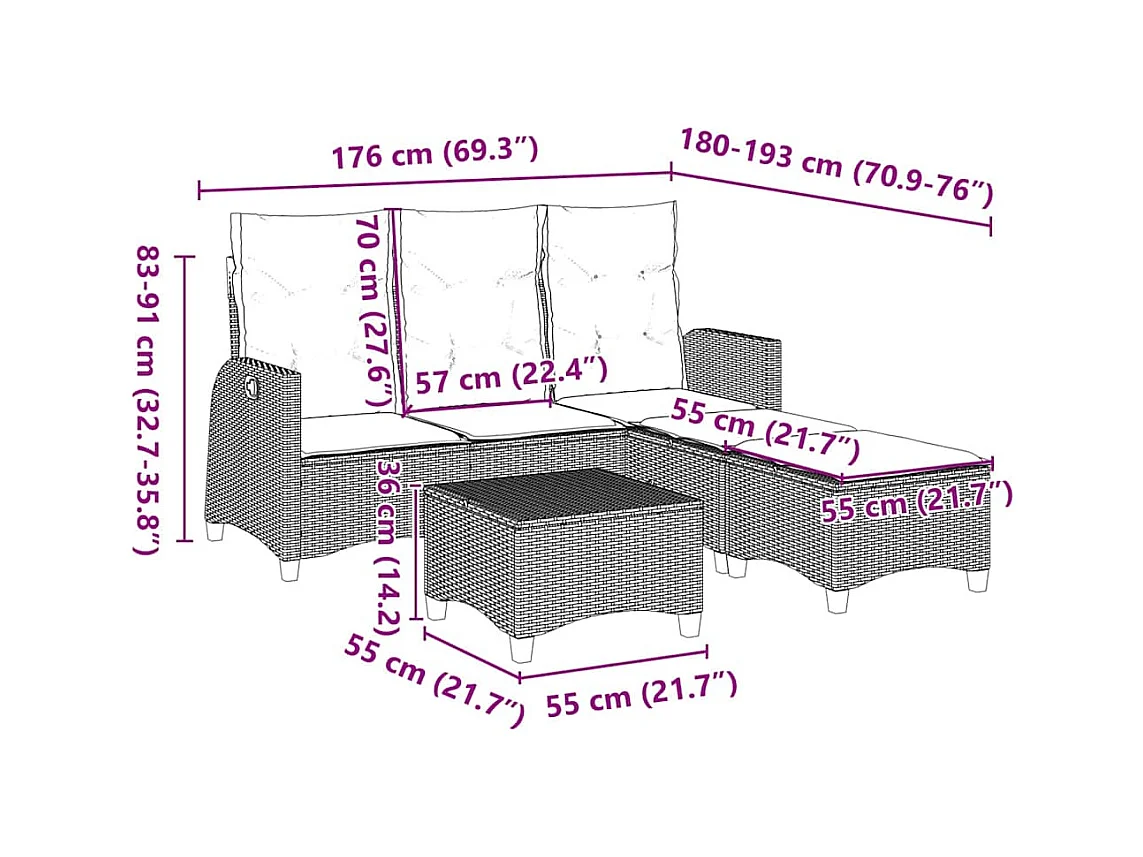 3 pcs conjunto sofás de jardim com almofadões em L vime PE