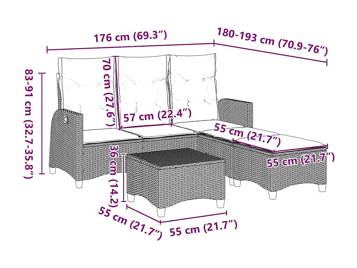 Salon de jardin 3 pcs avec coussins forme L marron polyrotin