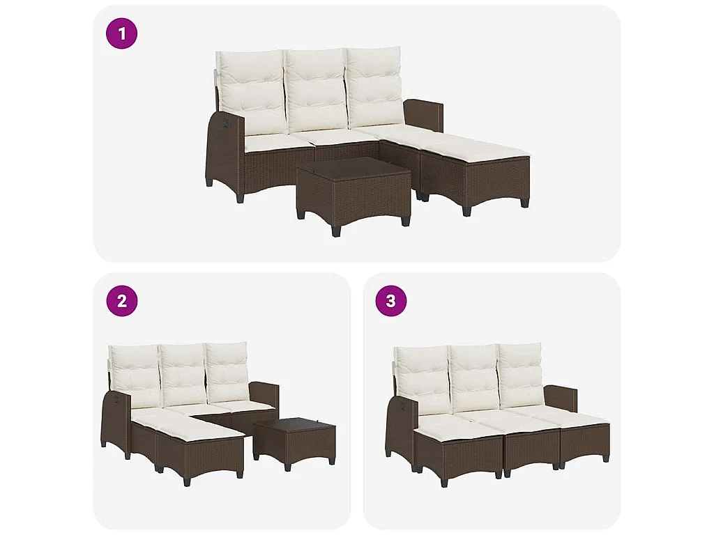 Salon de jardin 3 pcs avec coussins forme L marron polyrotin