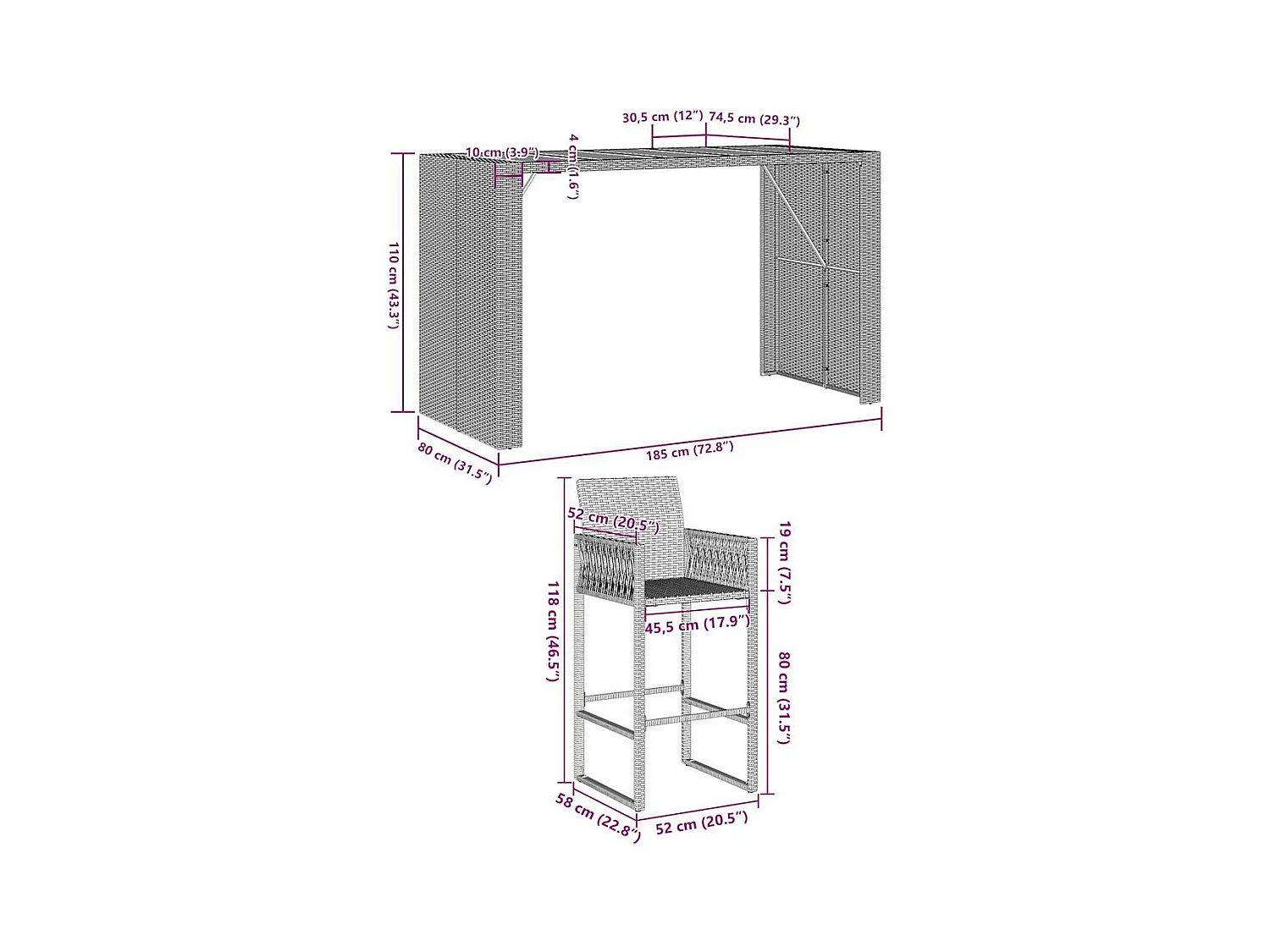 Ensemble de bar de jardin 7 pcs sans coussins gris poly rotin