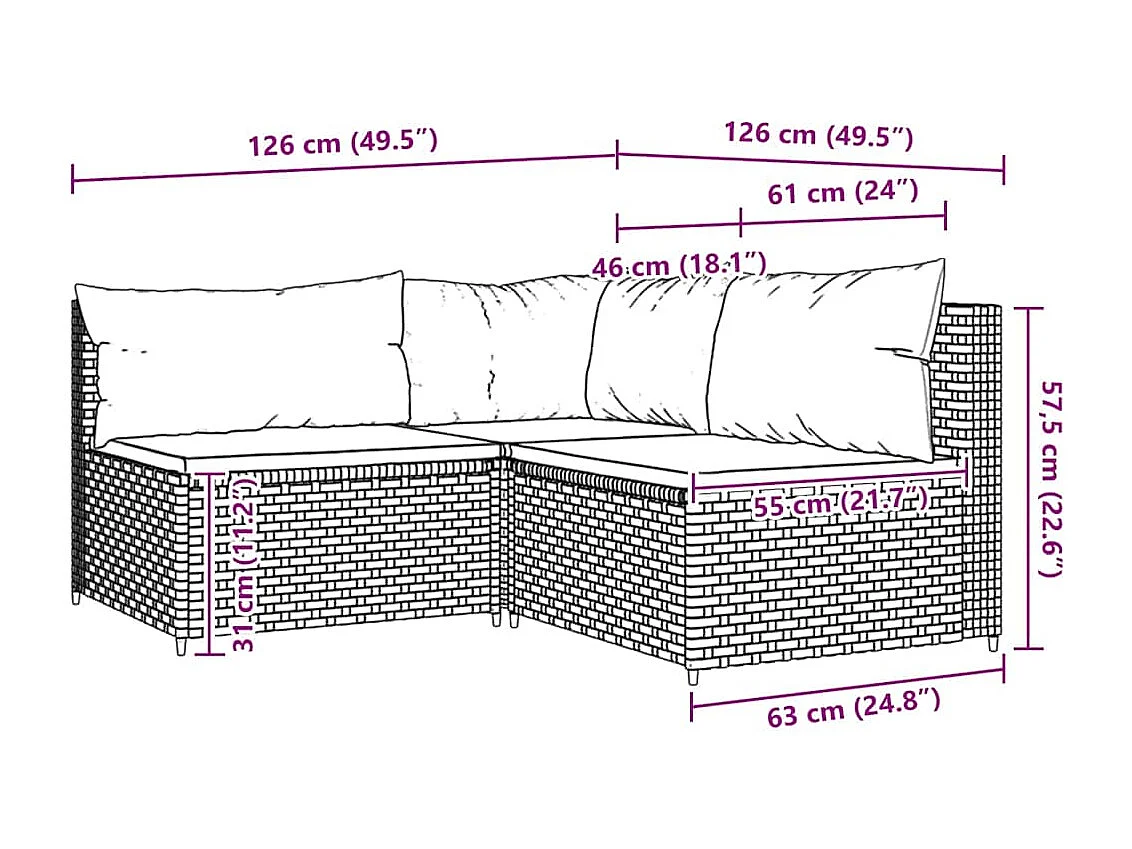Salon de jardin 3 pcs avec coussins marron résine tressée