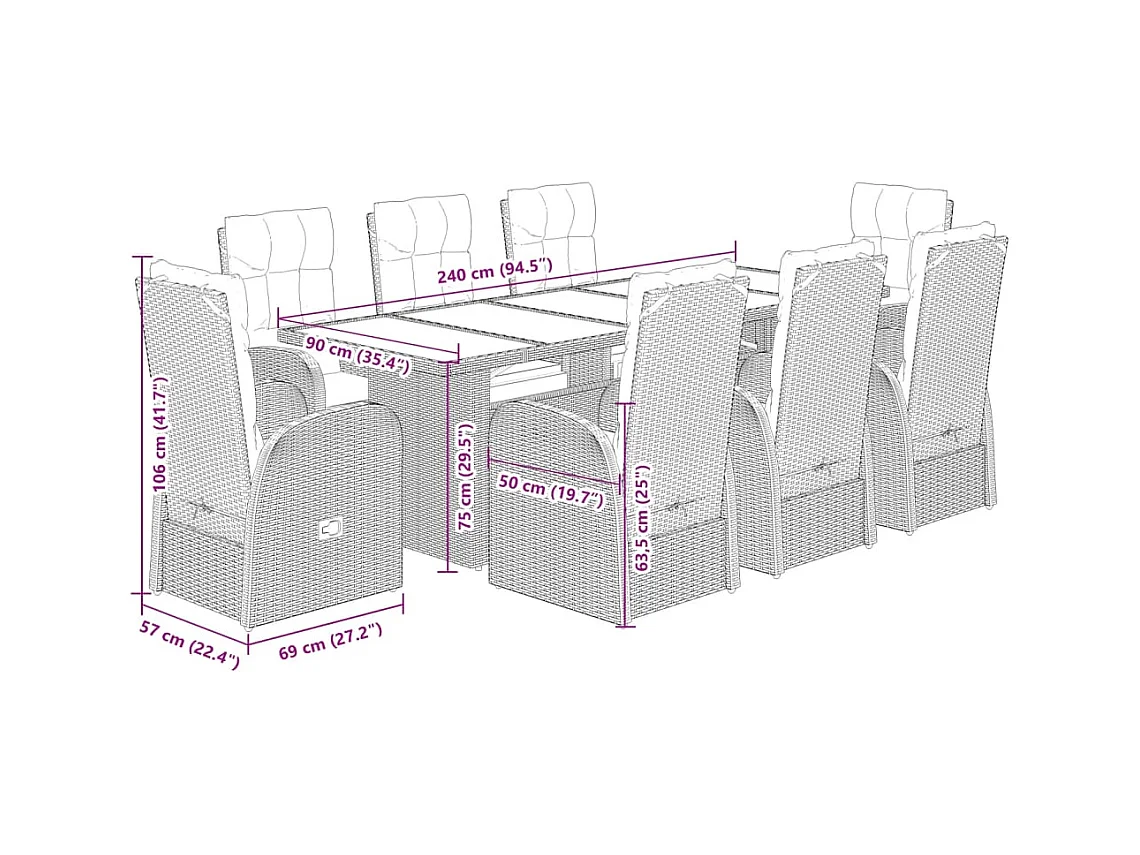 Set de comedor de jardín 9 pzas y cojines ratán sintético negro