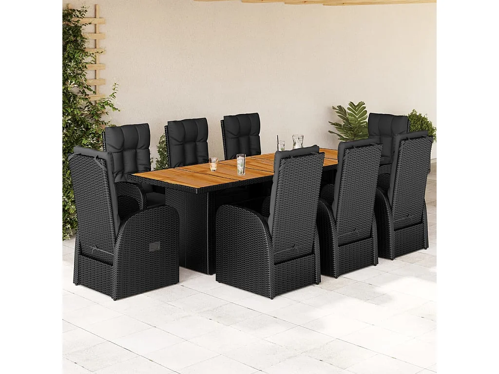 Ensemble à manger de jardin 9pcs coussins noir résine tressée