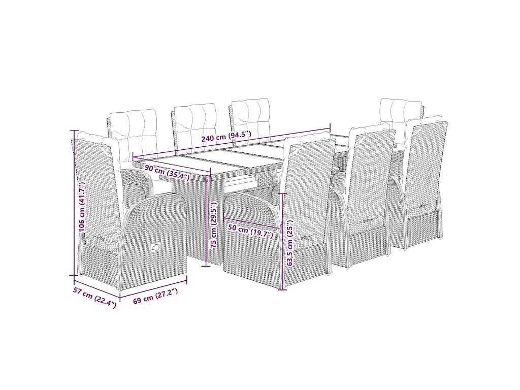 Ensemble à manger de jardin 9pcs coussins noir résine tressée