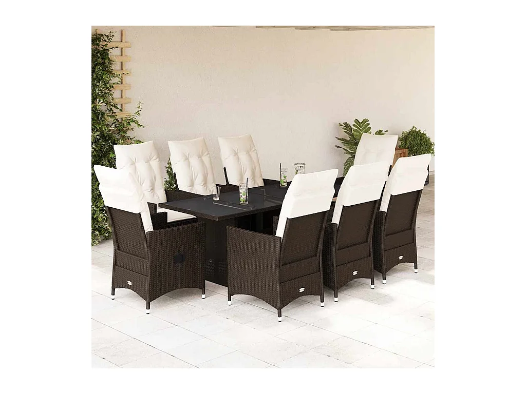 Ensemble à manger de jardin et coussins 9 pcs marron poly rotin