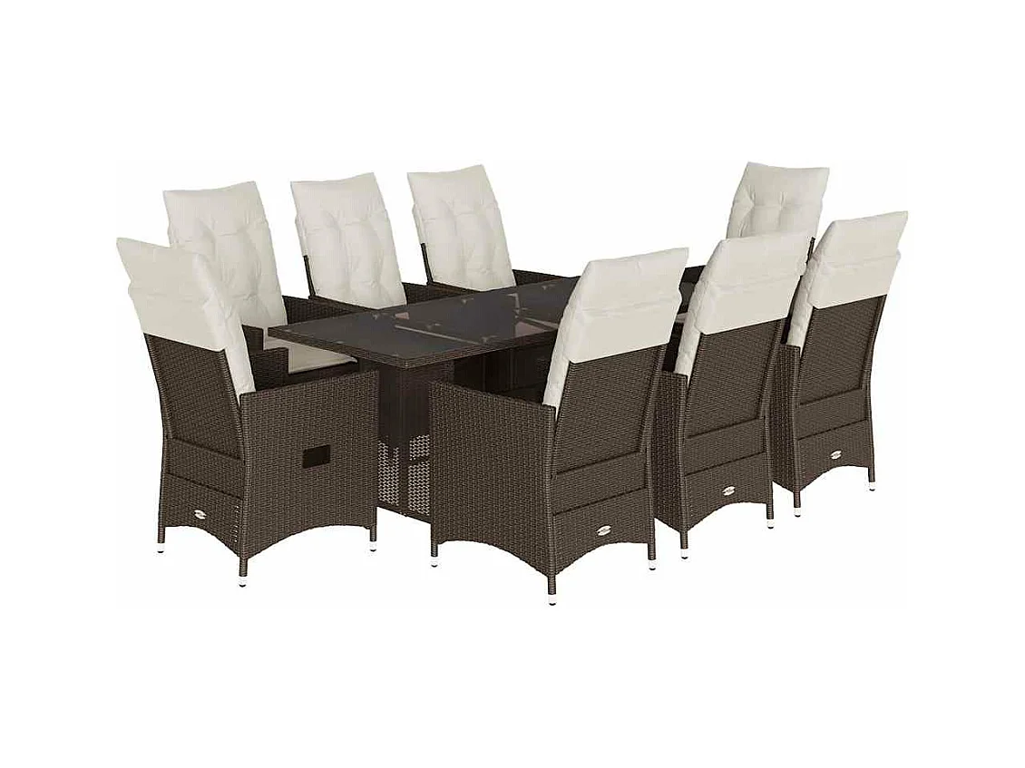 Ensemble à manger de jardin et coussins 9 pcs marron poly rotin