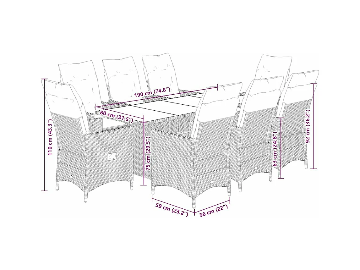 Ensemble à manger de jardin et coussins 9 pcs marron poly rotin