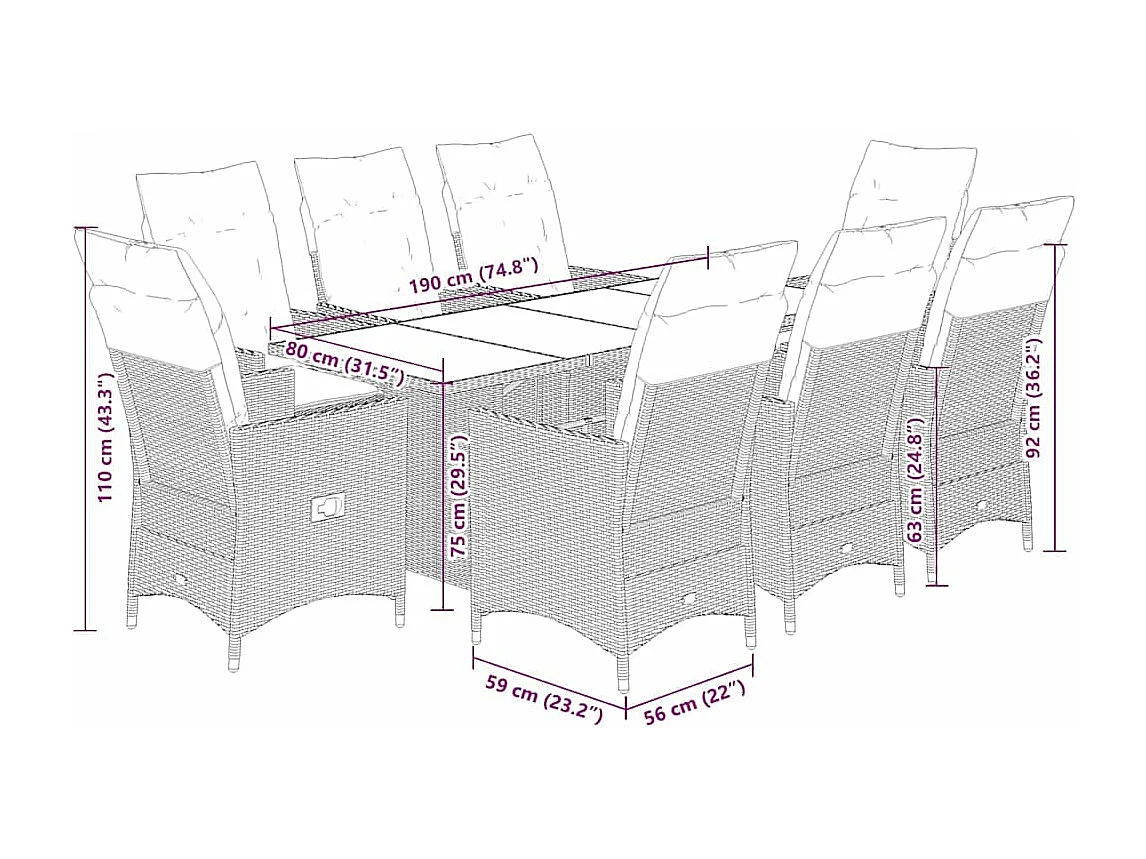 Ensemble à manger de jardin et coussins 9 pcs marron poly rotin