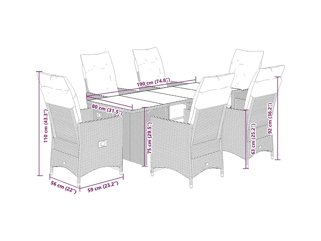 Ensemble de bistro de jardin 7 pcs coussins marron poly rotin