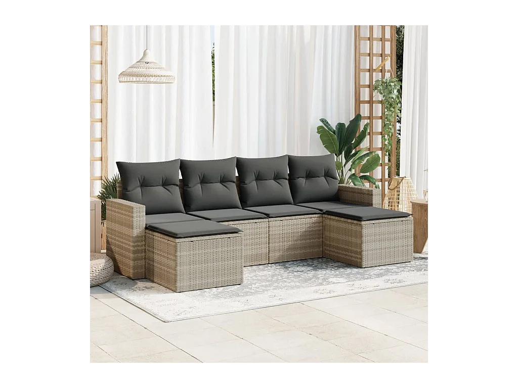 Set Divano da Giardino 6pz con Cuscini Grigio Chiaro Polyrattan
