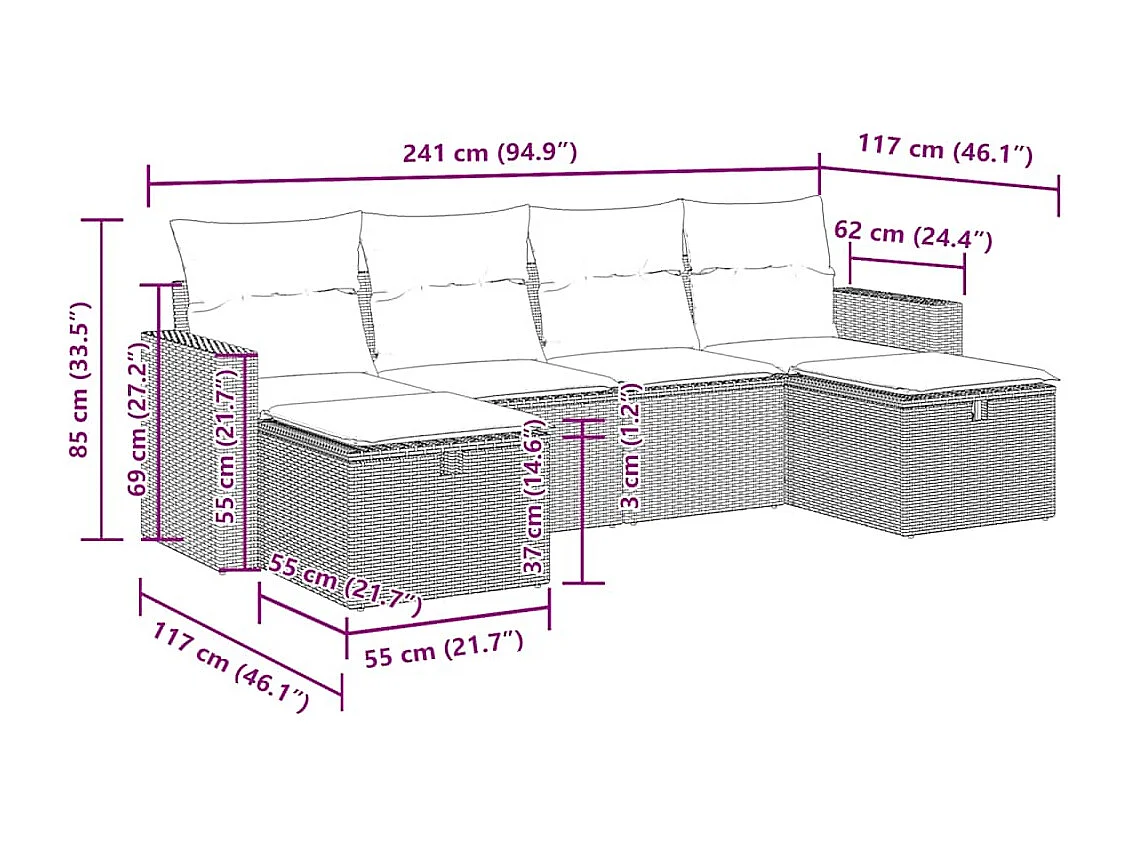 6 pcs conj. sofás jardim com almofadões vime PE cinzento-claro